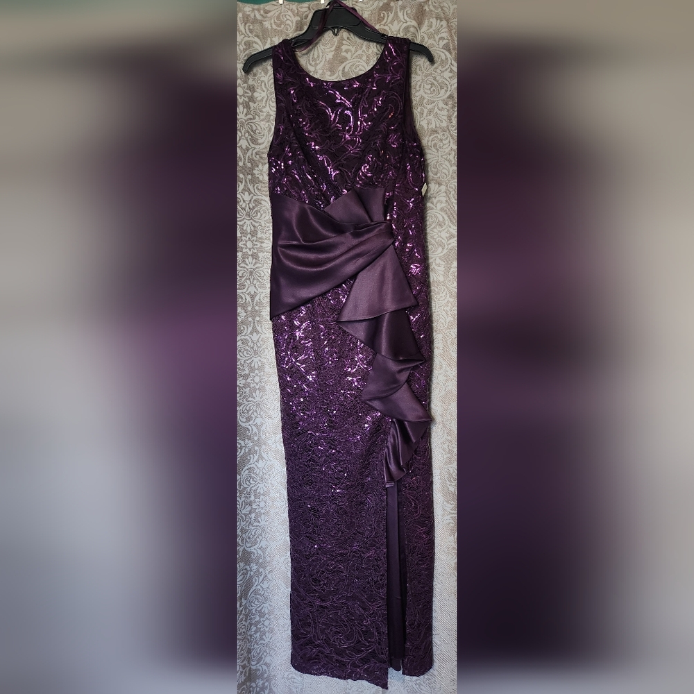 Eliza J Deep Purple Sequined Maxi Dress with Satin Ruffle Sash Size 8